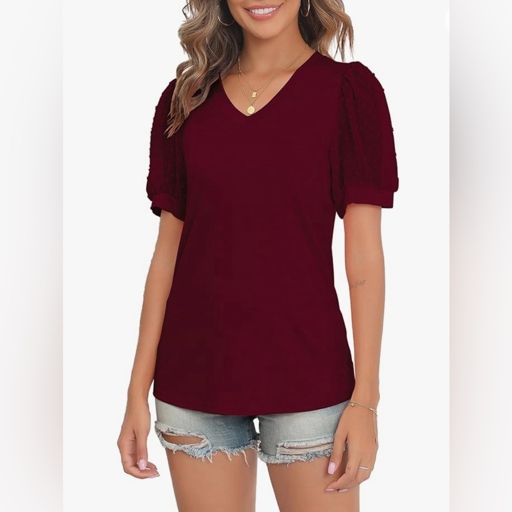 NEW Burgundy Wine Red Knit V Neck Top With Short Puff Swiss Dot Lace Sleeves